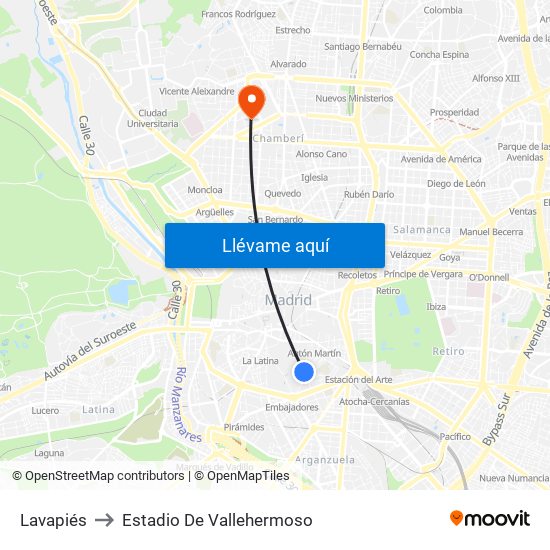 Lavapiés to Estadio De Vallehermoso map