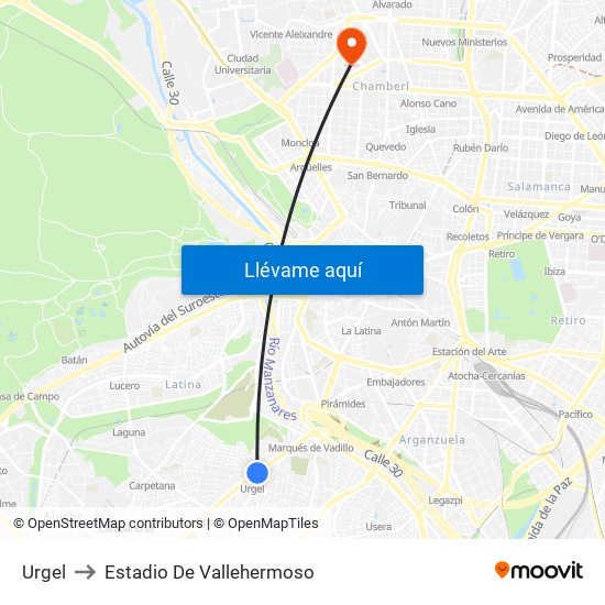 Urgel to Estadio De Vallehermoso map
