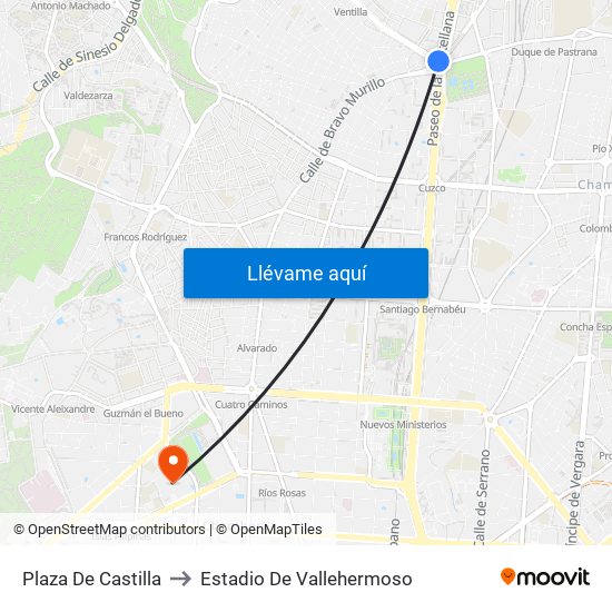 Plaza De Castilla to Estadio De Vallehermoso map