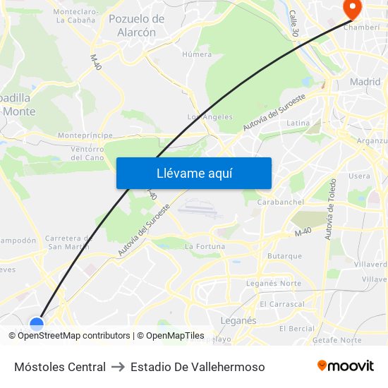 Móstoles Central to Estadio De Vallehermoso map