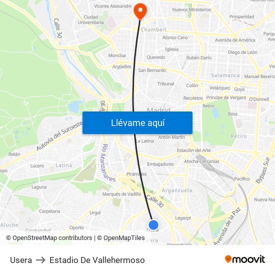 Usera to Estadio De Vallehermoso map