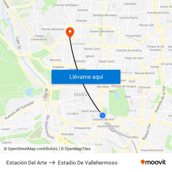 Estación Del Arte to Estadio De Vallehermoso map