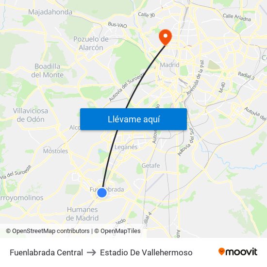 Fuenlabrada Central to Estadio De Vallehermoso map
