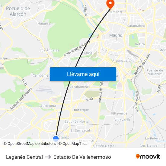 Leganés Central to Estadio De Vallehermoso map