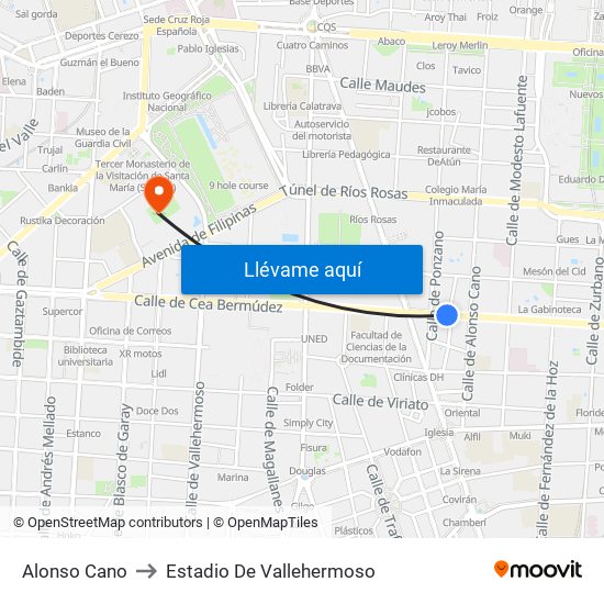 Alonso Cano to Estadio De Vallehermoso map