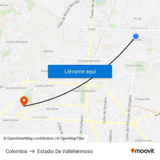 Colombia to Estadio De Vallehermoso map
