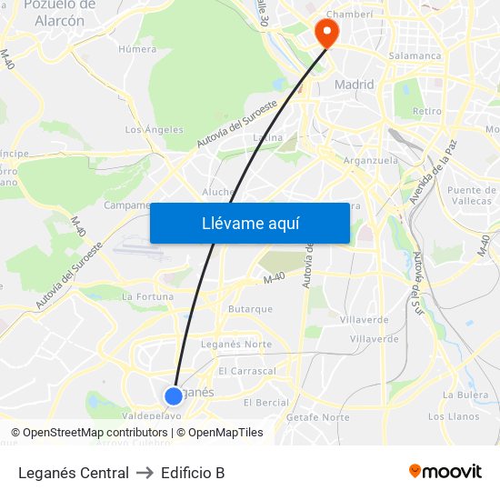 Leganés Central to Edificio B map