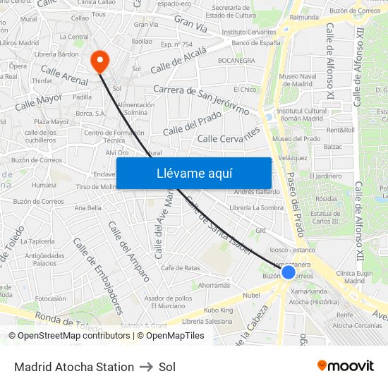 Madrid Atocha Station to Sol map