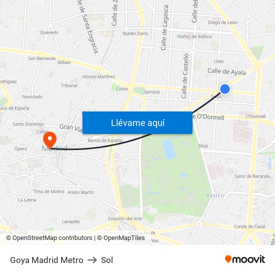 Goya Madrid Metro to Sol map