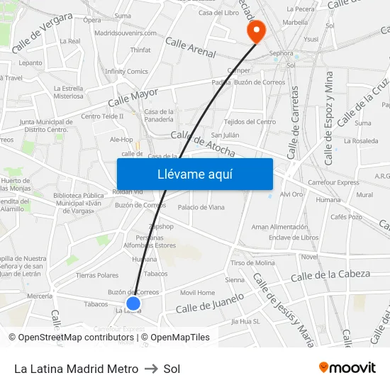 La Latina Madrid Metro to Sol map