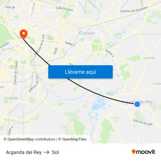 Arganda del Rey to Sol map