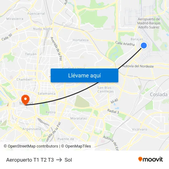 Aeropuerto T1 T2 T3 to Sol map