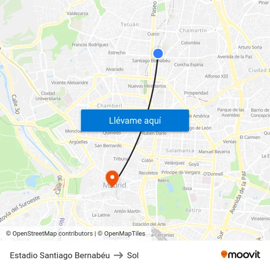 Estadio Santiago Bernabéu to Sol map