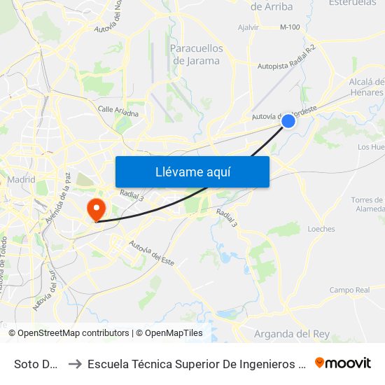 Soto Del Henares to Escuela Técnica Superior De Ingenieros En Topografía, Geodesia Y Cartografía map