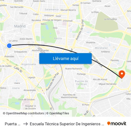 Puerta De Toledo to Escuela Técnica Superior De Ingenieros En Topografía, Geodesia Y Cartografía map
