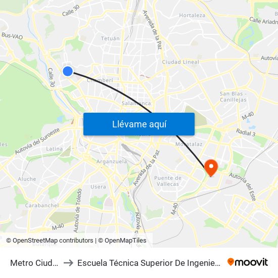 Metro Ciudad Universitaria to Escuela Técnica Superior De Ingenieros En Topografía, Geodesia Y Cartografía map