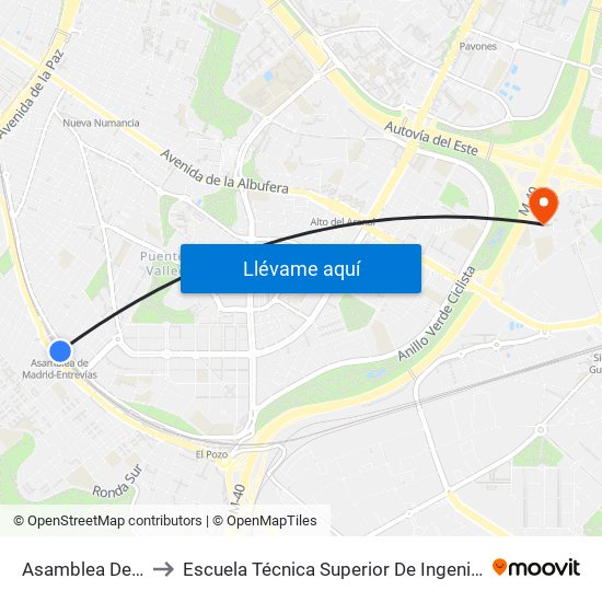 Asamblea De Madrid - Entrevías to Escuela Técnica Superior De Ingenieros En Topografía, Geodesia Y Cartografía map