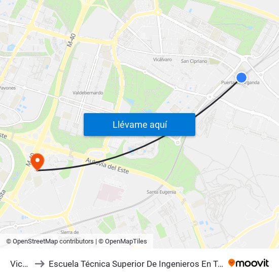 Vicálvaro to Escuela Técnica Superior De Ingenieros En Topografía, Geodesia Y Cartografía map