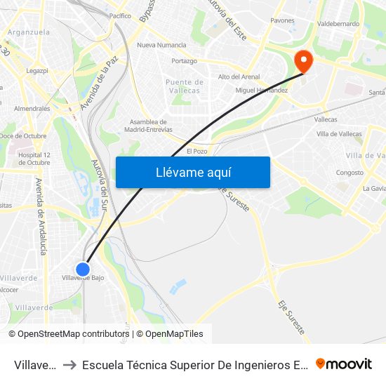 Villaverde Bajo to Escuela Técnica Superior De Ingenieros En Topografía, Geodesia Y Cartografía map