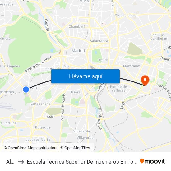 Aluche to Escuela Técnica Superior De Ingenieros En Topografía, Geodesia Y Cartografía map