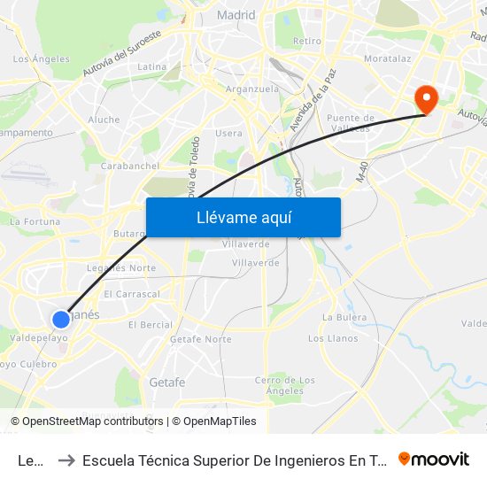 Leganés to Escuela Técnica Superior De Ingenieros En Topografía, Geodesia Y Cartografía map