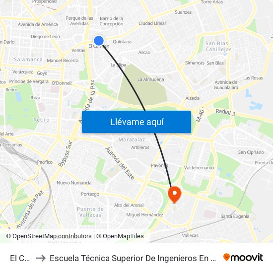 El Carmen to Escuela Técnica Superior De Ingenieros En Topografía, Geodesia Y Cartografía map