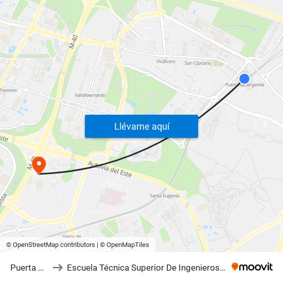 Puerta De Arganda to Escuela Técnica Superior De Ingenieros En Topografía, Geodesia Y Cartografía map