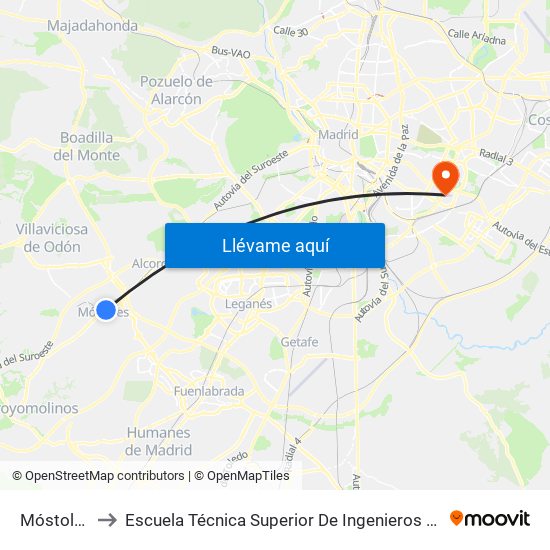 Móstoles Central to Escuela Técnica Superior De Ingenieros En Topografía, Geodesia Y Cartografía map