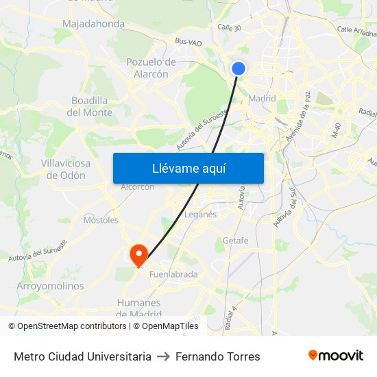 Metro Ciudad Universitaria to Fernando Torres map