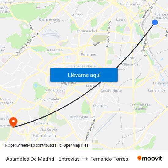Asamblea De Madrid - Entrevías to Fernando Torres map