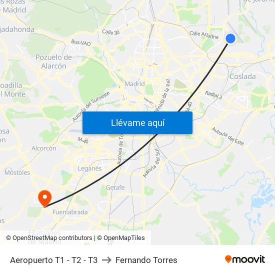 Aeropuerto T1 - T2 - T3 to Fernando Torres map
