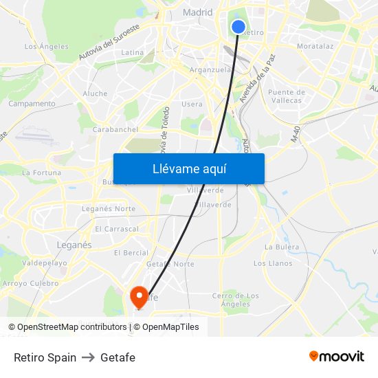 Retiro Spain to Getafe map