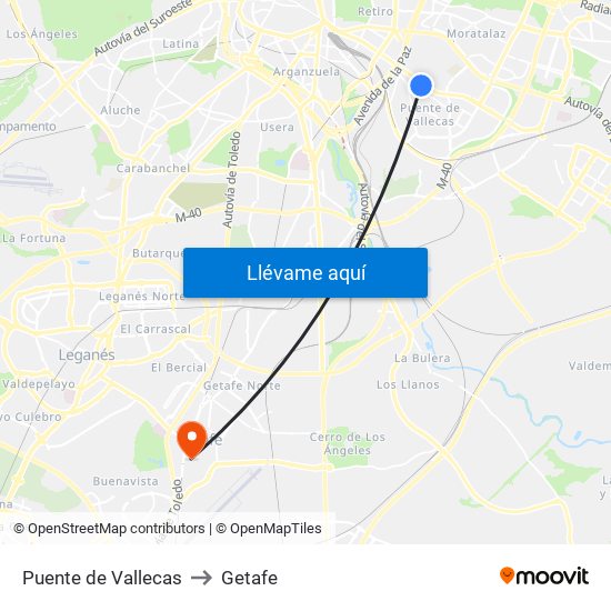 Puente de Vallecas to Getafe map