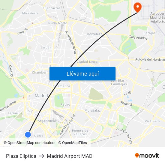 Plaza Elíptica to Madrid Airport MAD map