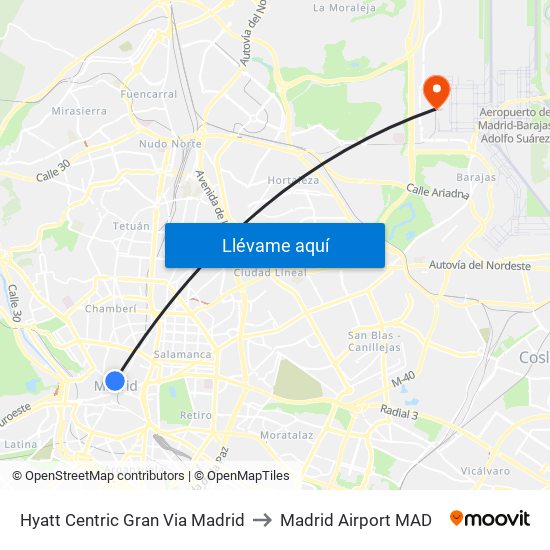 Hyatt Centric Gran Via Madrid to Madrid Airport MAD map