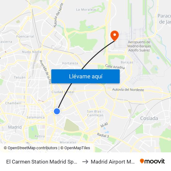 El Carmen Station Madrid Spain to Madrid Airport MAD map