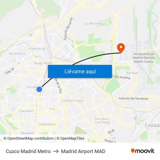 Cuzco Madrid Metro to Madrid Airport MAD map