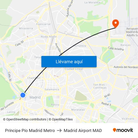 Príncipe Pío Madrid Metro to Madrid Airport MAD map