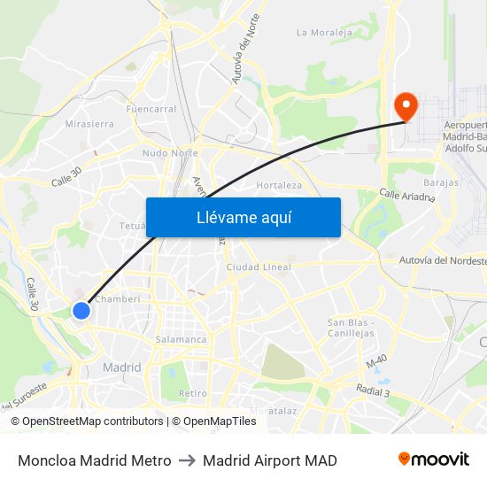 Moncloa Madrid Metro to Madrid Airport MAD map