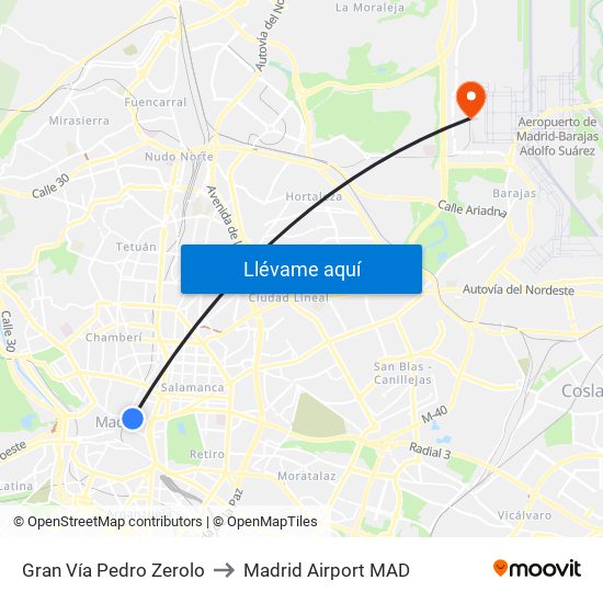 Gran Vía Pedro Zerolo to Madrid Airport MAD map