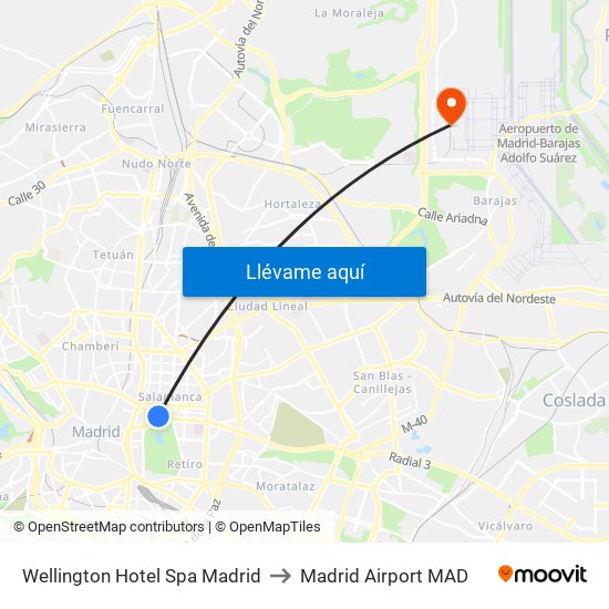 Wellington Hotel Spa Madrid to Madrid Airport MAD map
