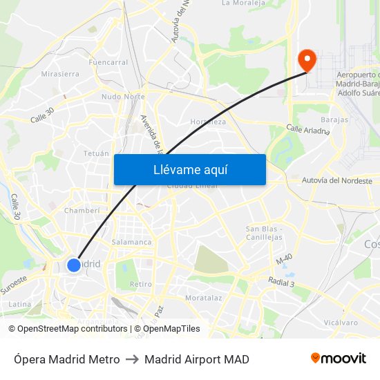 Ópera Madrid Metro to Madrid Airport MAD map