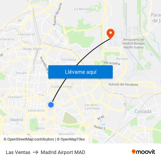Las Ventas to Madrid Airport MAD map