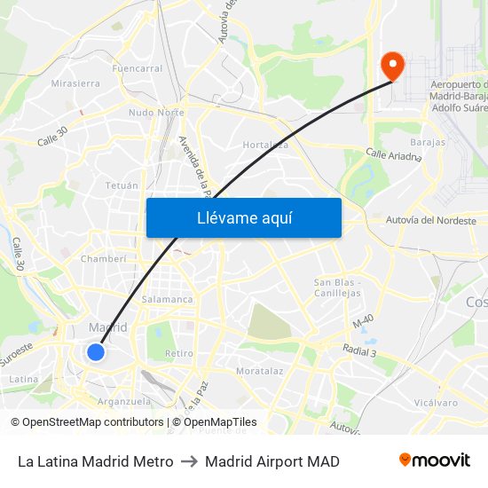 La Latina Madrid Metro to Madrid Airport MAD map