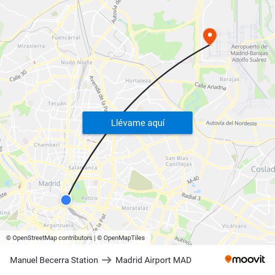 Manuel Becerra Station to Madrid Airport MAD map