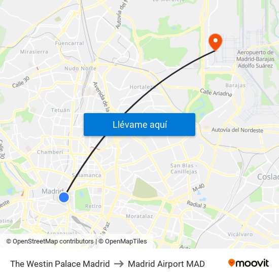 The Westin Palace Madrid to Madrid Airport MAD map