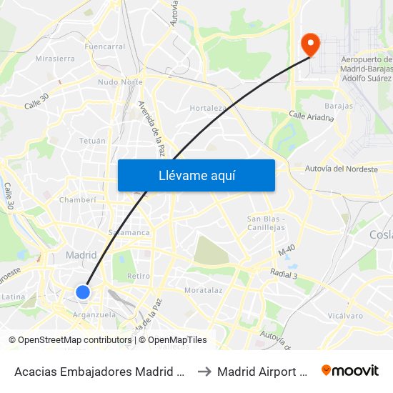 Acacias Embajadores Madrid Metro to Madrid Airport MAD map