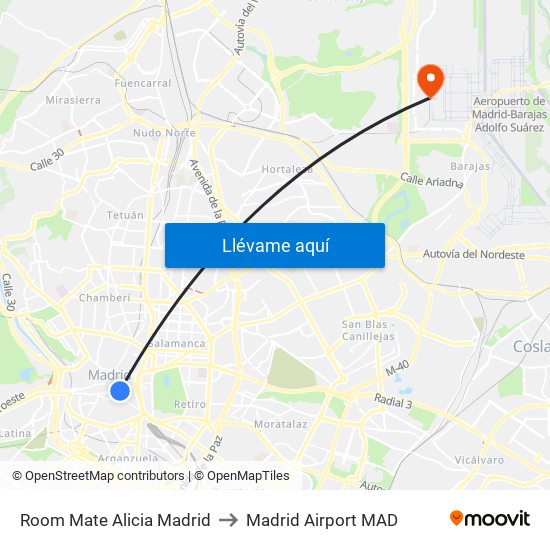Room Mate Alicia Madrid to Madrid Airport MAD map