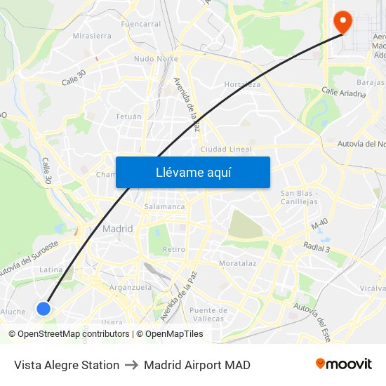 Vista Alegre Station to Madrid Airport MAD map