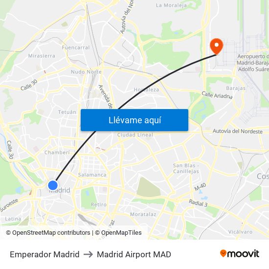 Emperador Madrid to Madrid Airport MAD map